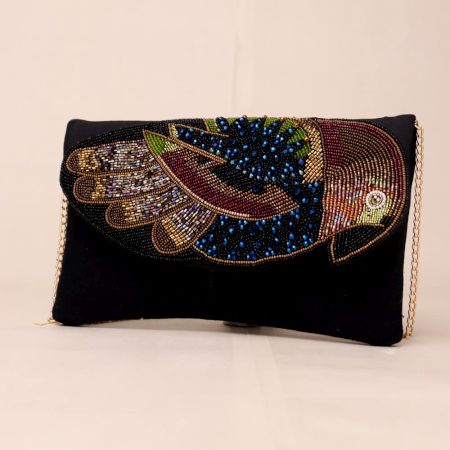 Majestic Winged Muse Beaded Evening Clutch with Chain Strap
