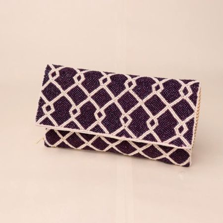 Midnight Lattice Hand-Beaded Clutch with Detachable Chain Strap