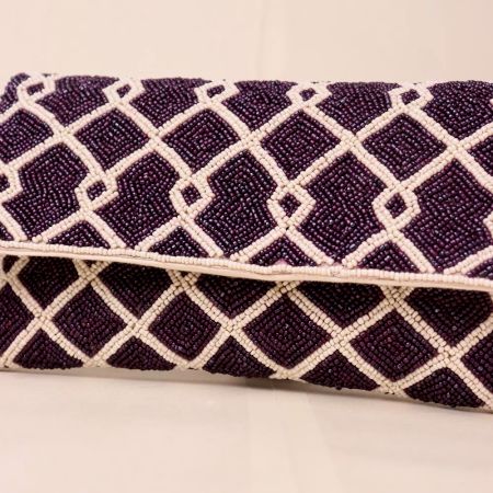 Midnight Lattice Hand-Beaded Clutch with Detachable Chain Strap