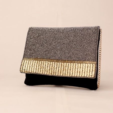 Golden Gleam Beaded Clutch with Elegant Chain Strap