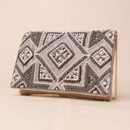 Imperial Gleam Hand-Embroidered Clutch with Chain Strap