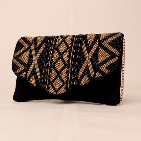 Midnight Muse Beaded Clutch with Scalloped Flap and Chain Strap