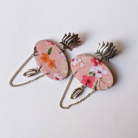 Lotus Floral Printed With Silver Chain Earrings For Women
