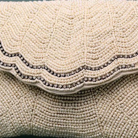 Ivory Elegance Scalloped Beaded Clutch with Gold Chain Strap