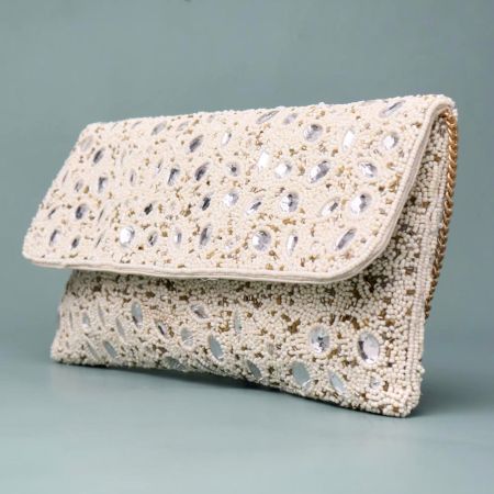 Celestial Spark Hand-Embroidered Clutch with Mirror Beads and Chain Strap