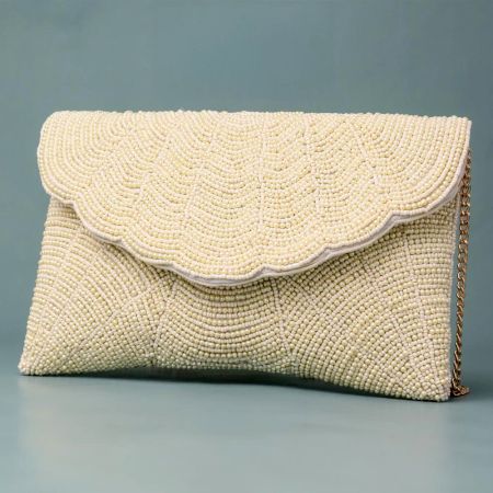 Ivory Scallop Elegance Beaded Clutch with Gold Chain Strap
