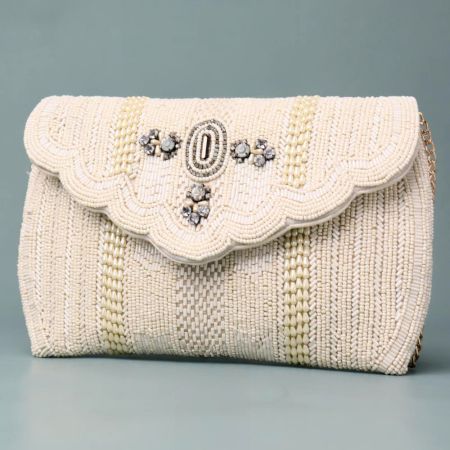 Royal Ivory Bloom Hand-Beaded Clutch with Embellished Flap and Chain Strap
