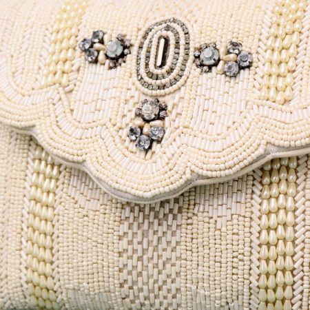 Royal Ivory Bloom Hand-Beaded Clutch with Embellished Flap and Chain Strap