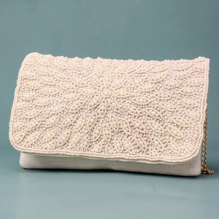 Ivory Radiance Hand-Beaded Clutch with Chain Strap