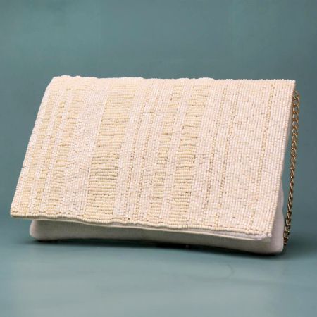 Ethereal Ivory Minimal Beaded Clutch with Chain Strap