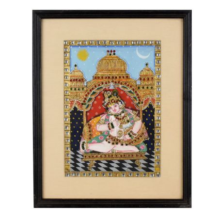 Divine Lord Krishna Reclining Tanjore Painting on Hardboard