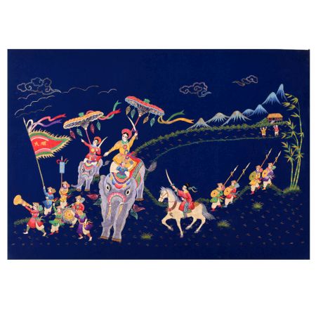 Traditional Embroidered Procession Scene Thread Work on Cloth Mounted on Hardboard