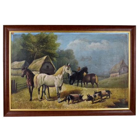 Rural Landscape with Horses and Pigs Oil Painting on Hardboard Framed