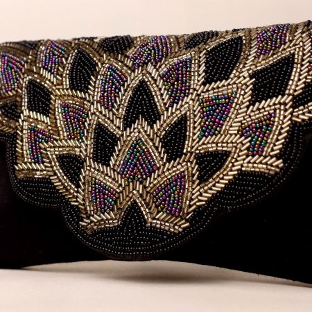 Handcrafted Black Beaded Clutch with Scallop Flap – Lotus-Inspired Party Sling Bag