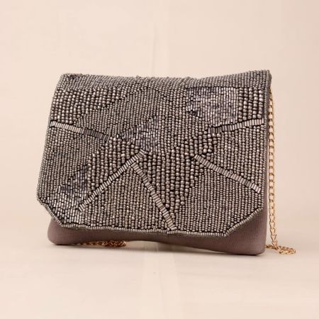 Grey Hand-Beaded Evening Clutch – Metallic Geometric Party Sling Bag