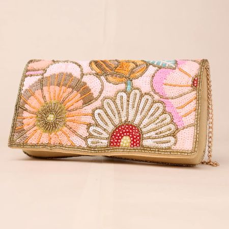 Pastel Beaded Floral Sling Bag – Hand-Embroidered Clutch with Chain Strap