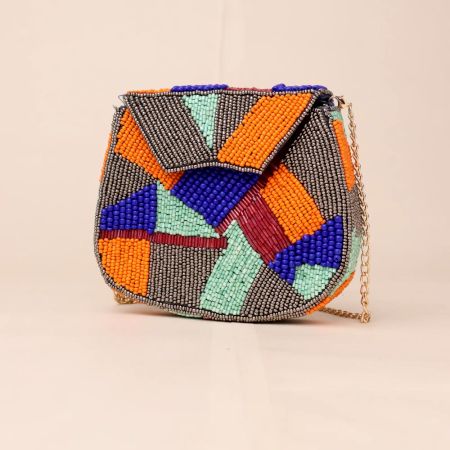 Geometric Beaded Sling Bag – Multicolor Statement Purse with Chain Strap