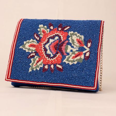 Blue Beaded Dragon Embroidered Sling Bag – Statement Clutch with Chain