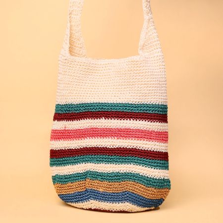 Handmade Crochet Tote Bag – Multicolor Striped Boho Shoulder Bag