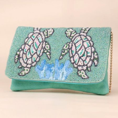 Aqua Haven Hand-Beaded Bird Motif Sling Clutch with Gold Chain Strap