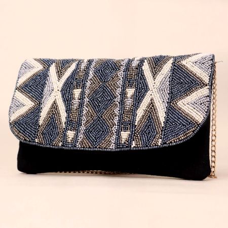 Midnight Mirage Beaded Sling Clutch with Gold Chain Strap