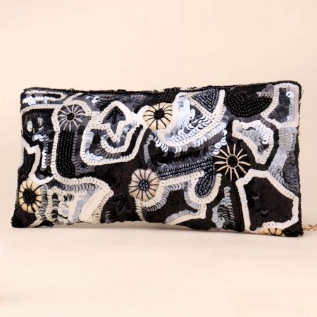 Noir Bloom Sequin Embroidered Sling Clutch with Gold Chain Strap