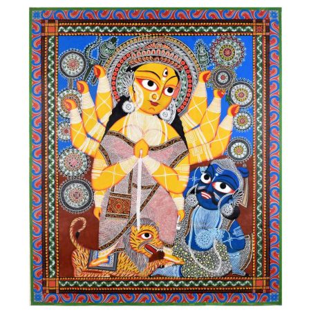 Kalighat Pattachitra Painting Cloth Artwork of Goddess Durga for Wall Decor