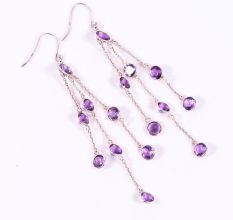 Handmade 925 Sterling Silver Chain Dangle Earrings with Amethyst for Women