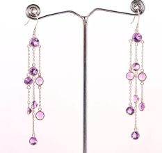 Handmade 925 Sterling Silver Chain Dangle Earrings with Amethyst for Women