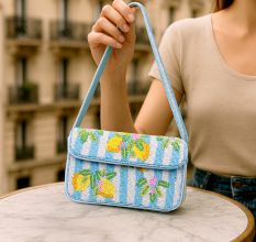 Luxury Handmade Beaded Shoulder Bag Lemon Fruit Pattern on Blue Stripes