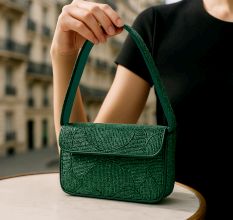 Luxury Handmade Beaded Shoulder Bag Green Geometric Pattern Purse