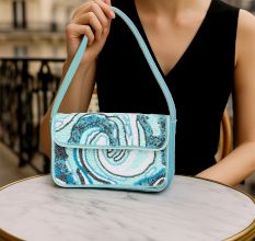 Luxury Handmade Beaded Shoulder Bag Blue Abstract Pattern with Sequins