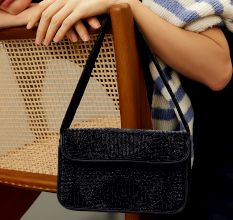 Luxury Handmade Beaded Shoulder Bag Black Geometric Pattern