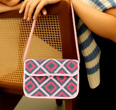 Luxury Handmade Colorful Beaded Shoulder Bag Pink & Green Diamond Geometric Pattern Purse