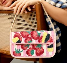 Luxury Colorful Beaded Shoulder Bag Pink Strawberry Design Handcrafted Evening Purse