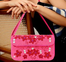 Luxury Handmade Beaded Shoulder Bag Hot Pink with Red Floral Design