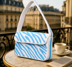 Luxury Handmade Beaded Shoulder Bag Blue & White Zebra Pattern Designer Purse for Women