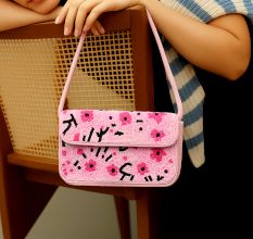 Handmade Pink Beaded Shoulder Bag with Floral Embroidery Stylish Women Purse