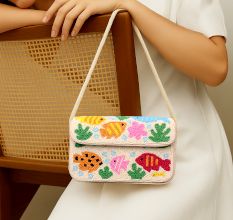 Handmade Beaded Shoulder Bag with Colorful Fish & Coral Reef Design Summer Beach Style