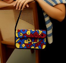 Handmade Beaded Shoulder Bag Multicolor Geometric Pattern Black Strap Women Handbag