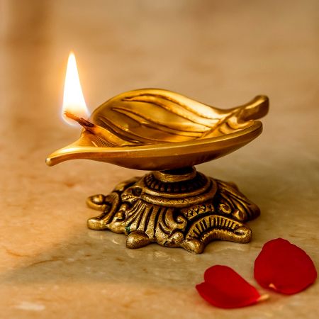 Handmade Brass Leaf Shaped Oil Lamp For Diwali Pooja