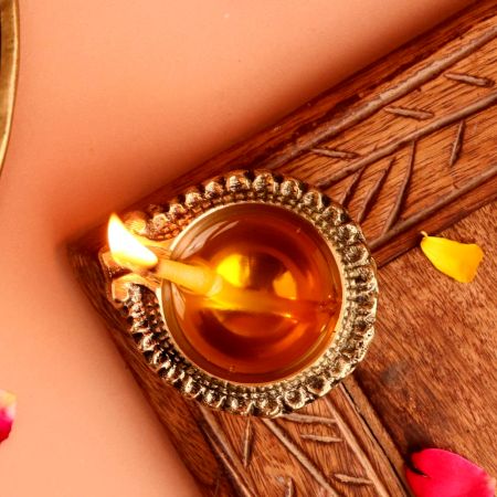 Floral Round Brass Oil Lamp Diya