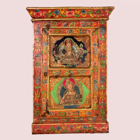 Handmade Wooden Box with Dual Deity Paintings | Antique Hand-Painted Vintage Cabinet