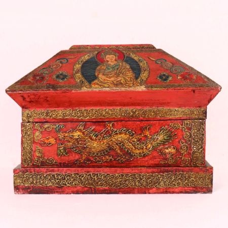 Handmade Red Wooden Box with Buddha & Dragon Motifs | Hand-Painted Storage Chest
