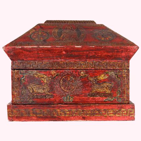 Handmade Red Wooden Box with Buddha & Sacred Symbols |Hand-Painted Storage Chest