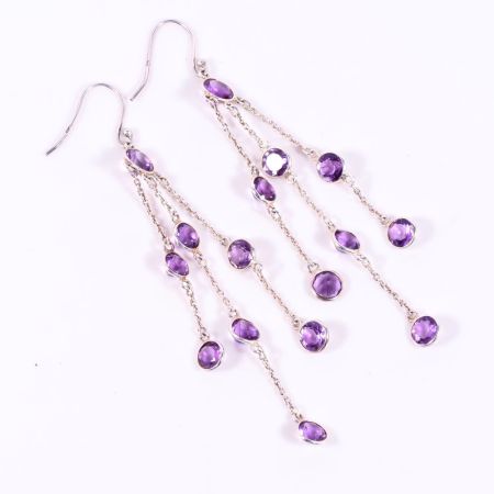 Handmade 925 Sterling Silver Chain Dangle Earrings with Amethyst for Women
