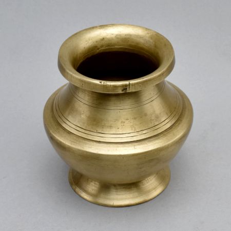 Vintage Brass Holy Water Pot with Decorative Grooves