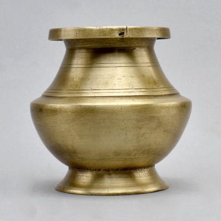 Vintage Brass Holy Water Pot with Decorative Grooves