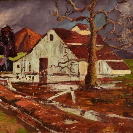Vintage Countryside Barn Landscape Hardboard Painting