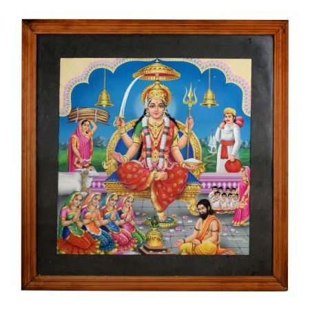Vintage Calendar Art Painting of Goddess with Devotees